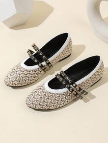 Bestseller de Verão Sapatos Femininos Tipo Mary Jane com Tira e Fivela, Bico Redondo, Planos, Outono