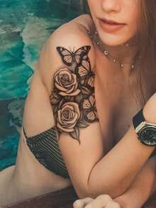STARTTOOS 1 pieza Tatuaje temporal para el Body con diseño de flor misteriosa y mariposa de color negro para el pecho, la espalda o el brazo - Negro - Ver 6