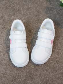 1 Pair Kids Versatile Hook And Loop Breathable White Sneakers With Embroidered Bow, Chinese Knot Decor, Fashion Casual Flat Shoes For Girls And Boys - 粉色 - 查看 6