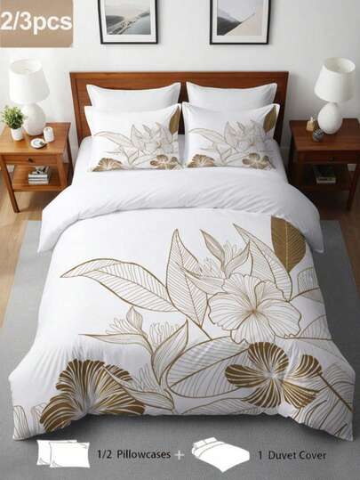 2/3 pièces Ensemble de housse de couette blanche élégante à fleurs imprimées numériquement (1 housse de couette + 1/2 taies d'oreiller, sans inserts), en fibre de polyester douce et agréable pour la peau pour une utilisation quotidienne. Convient pour la chambre, le dortoir en toutes saisons. Confortable et respirant en toute saison, pour la décoration de la chambre.