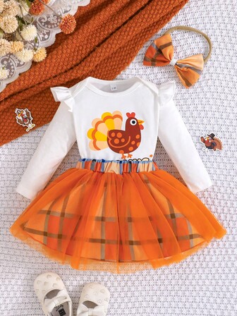 Bebek Kız Çocuk Şükran Günü Kıyafeti, Sevimli Hayvan Desenli Uzun Kollu Tulum + File Etek 2 Parça Set + Saç Bandı