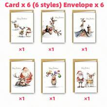 12 بطاقة تهنئة عيد الميلاد وأظرفة - تصاميم متنوعة لسانتا كلوز والرنة والرجل الثلجي - بطاقات مناسبة لعيد الميلاد والعام الجديد 2025 - مصنوعة من الورق