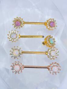1pc 14G 1.6x14/16mm External Thread Flower Opal Nipple Ring, Punk Piercing Jewelry, Fashionable Gift