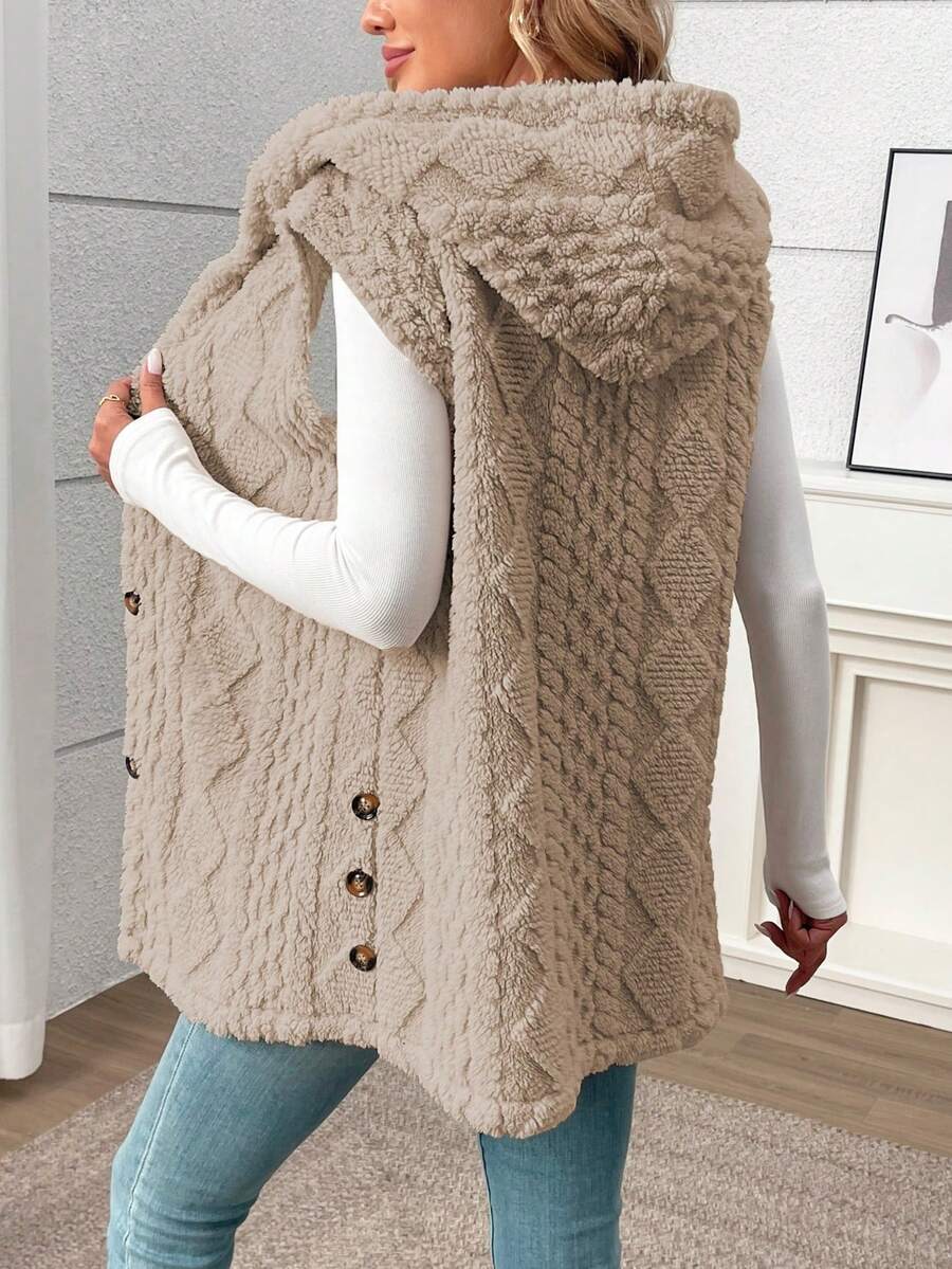 女式纯色无袖连帽仿皮草夹克，秋冬 - 駝色 - 查看 1