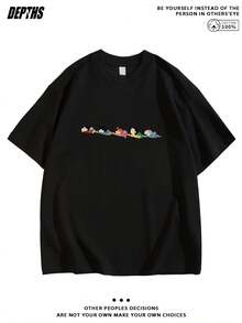 Camiseta de cuello redondo con patrón creativo de dibujos animados, de algodón puro, moda de verano de manga corta, estilo casual para salidas diarias - Negro - Ver 2