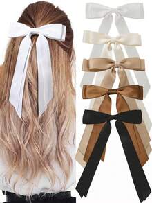 1/2/3/4/5/6 件女孩时尚双层蝴蝶结发夹，柔软长尾蝴蝶结发夹，复古金属发夹丝绸头带，优雅发饰，送给女孩的绝佳礼物 - 彩色 - 查看 6