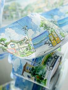 1 rolă bandă autocolantă decorativă cu tematică de ilustrații peisagistice pentru scrapbooking creativ, serie Free Wind, potrivită pentru cadouri, birou, casă, marcare, etichetare, sală de clasă, jucării de divertisment, planificator pentru studenți, accesorii DIY pentru decor vintage