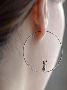 1 Pair Creative Minimalist Cat Hoop Earrings, Versatile For Women Daily And Date Wear - Silver - View 5