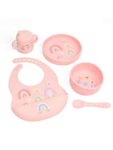 5件套婴儿硅胶餐具套装，包括1个盘子，1个碗，1个杯子，1个勺子，1个围兜，带有可爱图案，培养自主进食技能，可用洗碗机清洗，适合6个月及以上婴儿，可调节围兜，吸盘碗，软勺，防滑，食物储存，喂食训练晚餐套装 - 彩色 - 查看 10