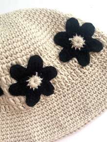 1pc Women's Floral Knitted Bucket Hat, Hyuna Style, Fresh Handmade Crochet Flower Beanie, Cute & Versatile, Suitable For Daily Wear Autumn Decor - Beige - View 3