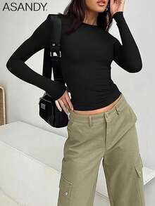 3pcs/Set Women Crew Neck Long Sleeve Plain Solid Color T-Shirt, Slim Fit, Casual Pullover Top, Spring/Autumn