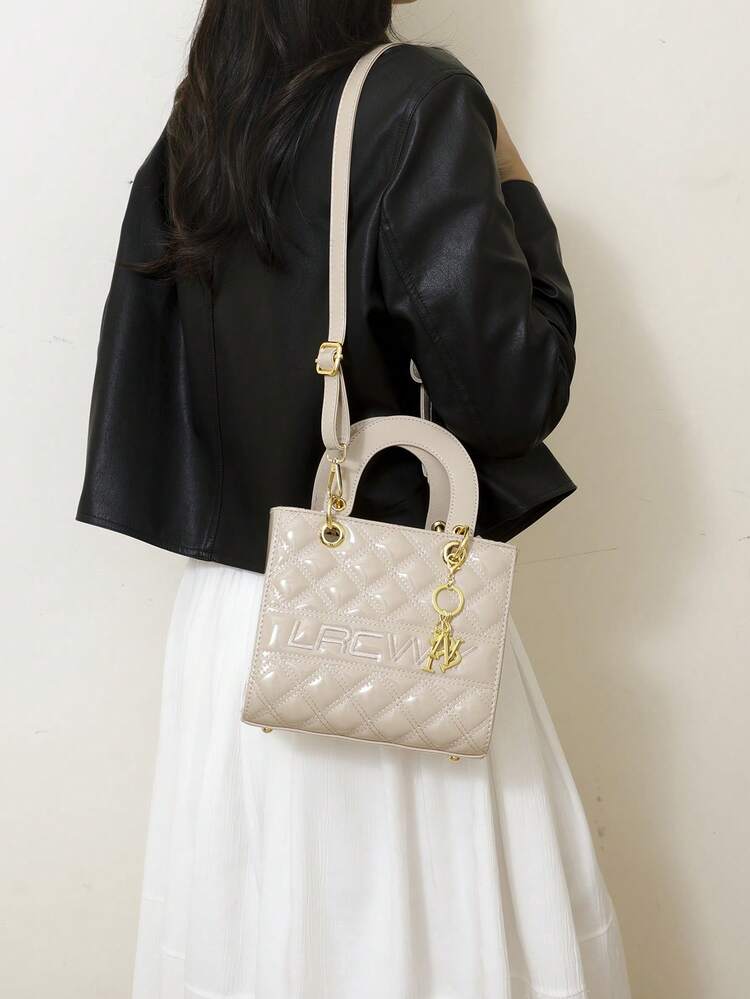 女士大容量手提包，奢华白色刺绣菱形图案单肩包 - 卡其色 - 查看 8