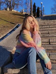 Women's Rainbow Gradient Knitted Cardigan With Round Neck, Sweet Style, Casual And Suitable For Commuting. - Multicolor - View 3