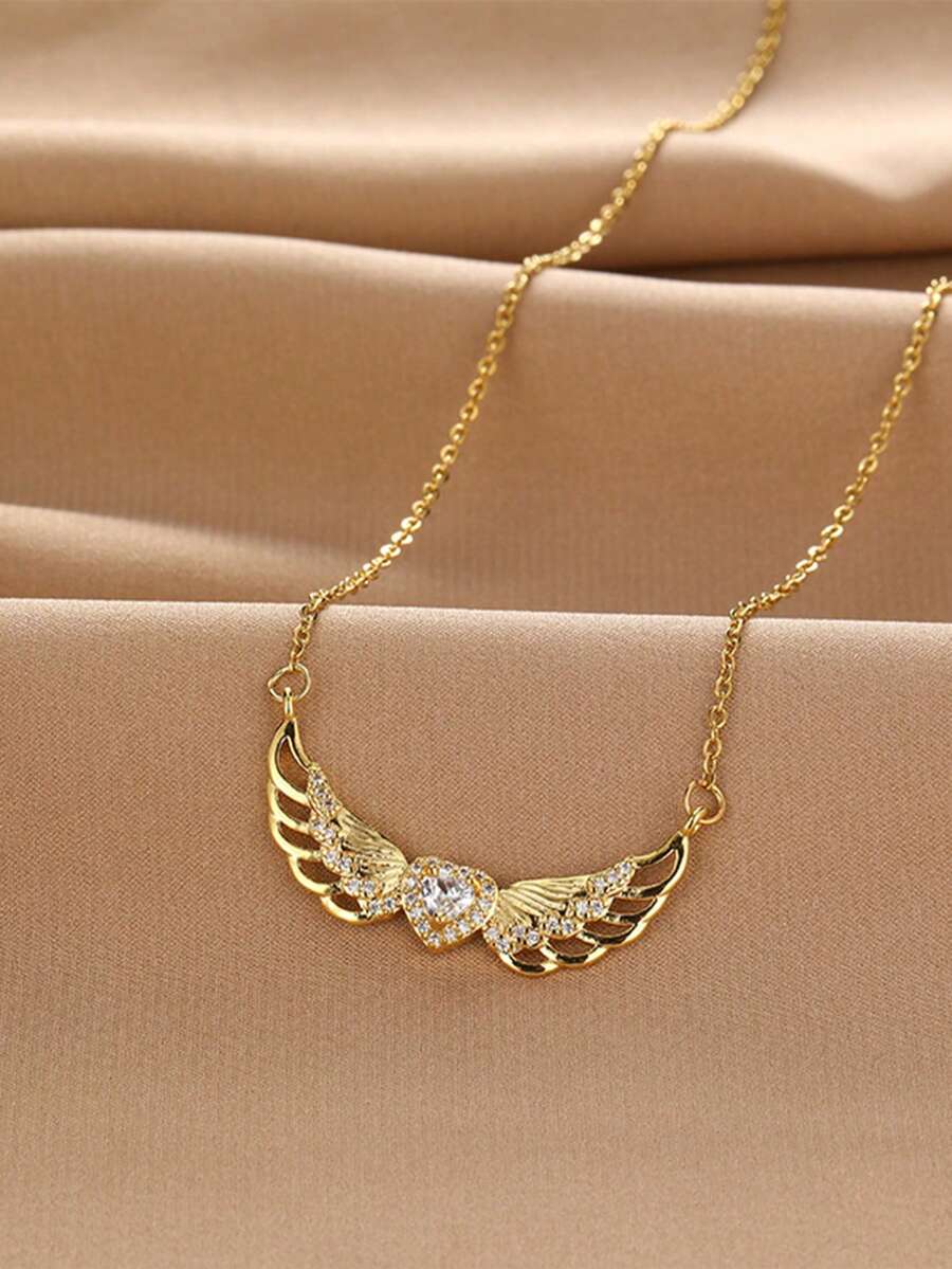 1 pieza Elegante collar con colgante de alas de ángel con corazón de cobre y circonita micro-incrustada, joyería lujosa y de moda para mujeres