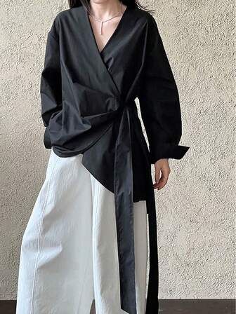 Women's Elegant Casual Long Sleeve Shirt, Solid Color Woven Fabric With Tie, Suitable For Office And Daily Wear, Spring/Autumn