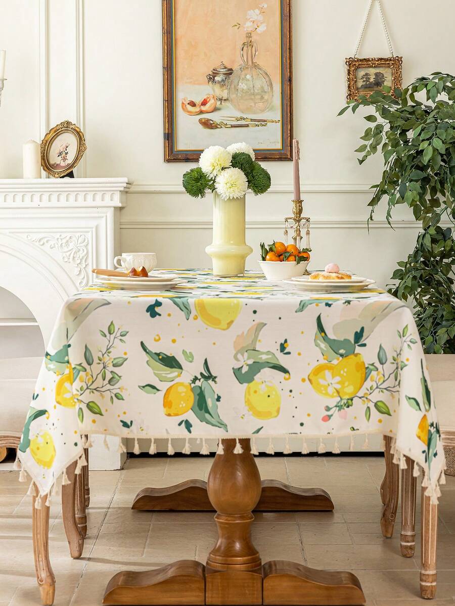 1pc Spring/Summer Pastoral Fresh Lemon Watercolor Floral Tablecloth, Rectangular, Woven Polyester Material With 3D Bamboo Texture, Durable And Easy To Clean, Bright And Vibrant Home Dining Table Decor, Elegant Natural Style Design, Easy Maintenance - Multicolor - View 1