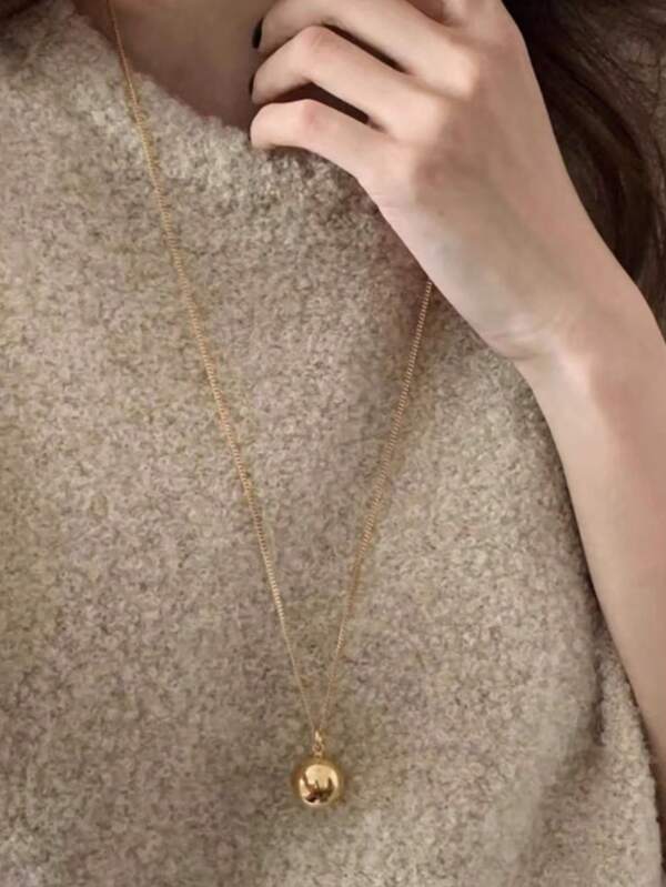 1pc 18K Gold Plated Stainless Steel Long Round Ball Pendant Necklace, Minimalist & Versatile For Daily Wear