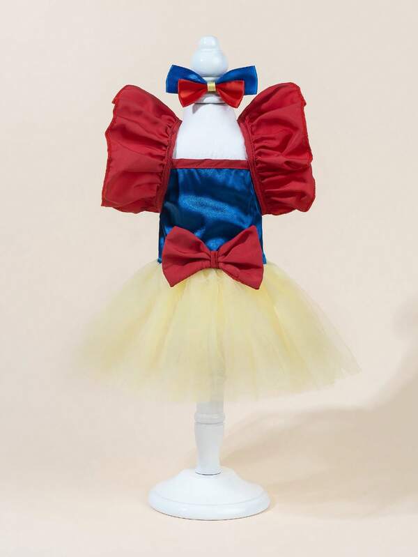 1 Set Pet Tulle Dress With Bow Tie, Cute Fashion Printed Dress + Bow Tie Pet Costume, Elastic Mesh Princess Pet Dress For Dogs & Cats