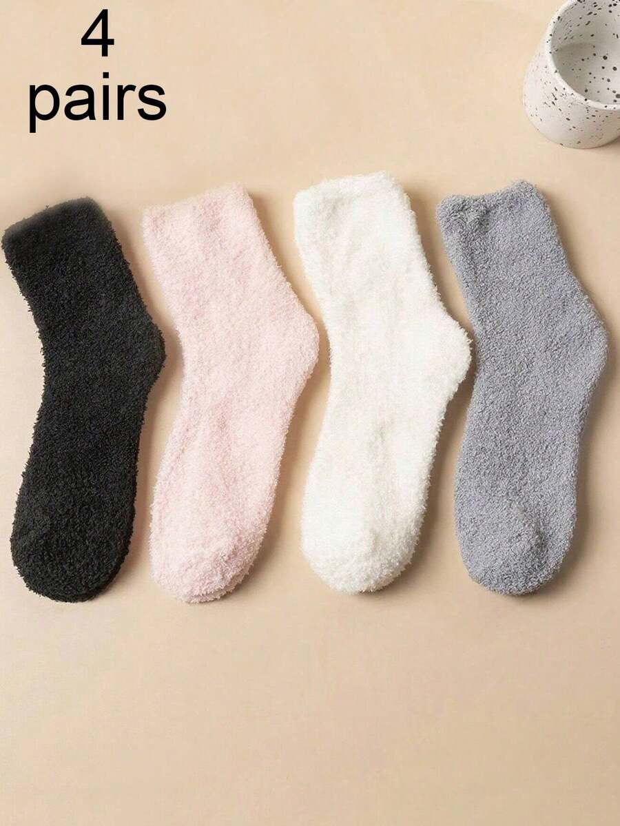 4 perechi de șosete pentru femei, alb-negru, groase și pufoase, simple, confortabile, care absorb umezeala, potrivite pentru orice tip de încălțăminte, ideale pentru întoarcerea la școală, Eid, asortarea pijamalelor, toamna - Multicolor - Vizualizare 1