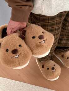 女士可爱土拨鼠室内拖鞋，保暖厚底防滑毛绒拖鞋，适合秋冬季 - 棕色 - 查看 6