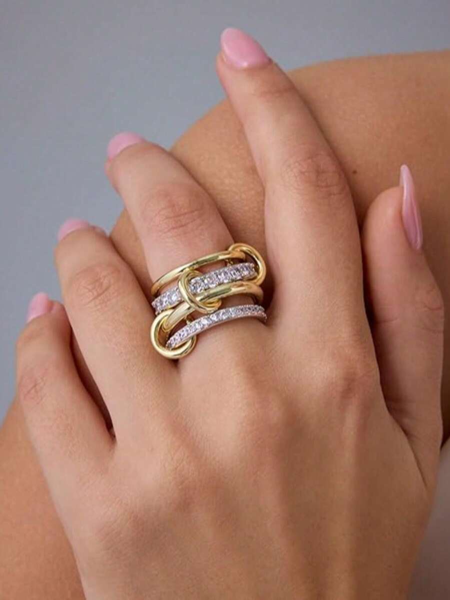 1pc Charm Elegant Gold Stackable Rings For Women, 18k Gold Plated Cubic Zirconia Rings, Silver Gold Multi Ring Mixed Metals Stack Rings Set