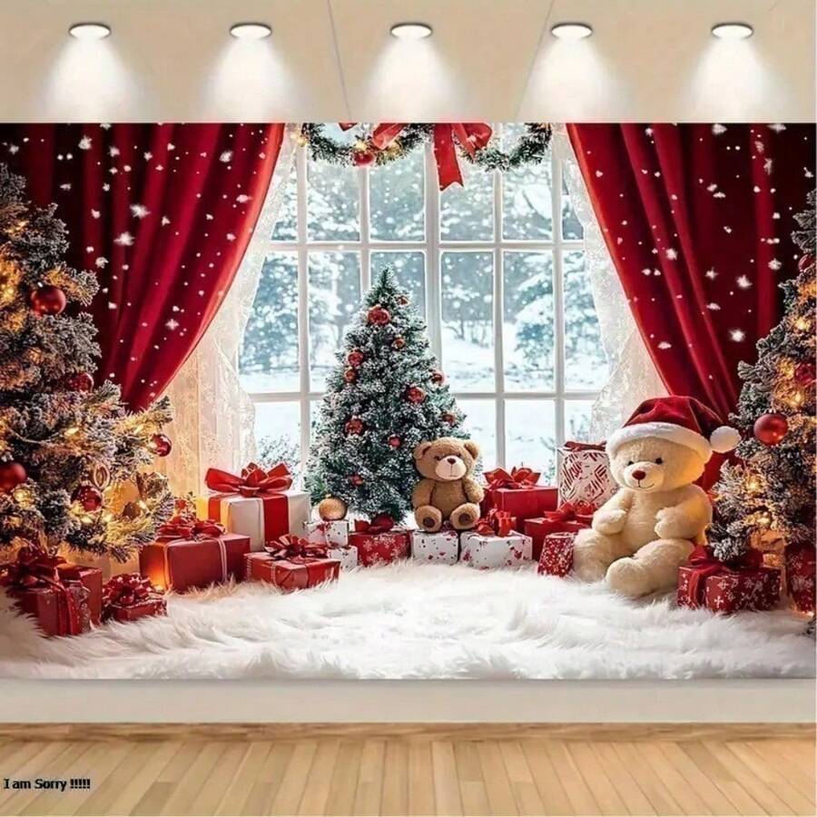 2D 扁平圣诞横幅，带有奇异的雪人背景和红色窗帘装饰