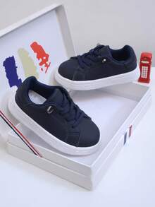 1 Paio di Sneaker Minimaliste per Bambini in Materiale PU, Decorazione con Lacci, Alla Moda e Confortevoli, Antiscivolo e Durevoli, Scarpe da Passeggio Leggere per Bambini, Adatte per Uso Quotidiano e Attività Fisica - Blu Navy - Visualizzare 6