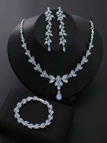 4 Pieces/Set Rhinestone Rhinestone Bridal Bridesmaid Jewelry Set, Elegant Horse Eye Pointy Rhinestone Leaf Necklace Pendant Earrings Bracelet Set, Suitable For Women's Wedding Party Accessories - Baby Blue - View 8