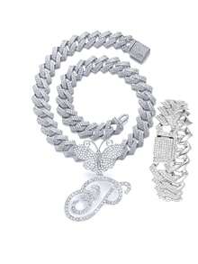 银色女士项链 A-Z 首字母个性化嘻哈经典蝴蝶字母吊坠链项链和手链套装饰物 26 个幸运字母，适合男女日常佩戴情人节时尚珠宝礼物，妈妈，母亲，母亲节，礼物 - 蝴蝶型 - 查看 24