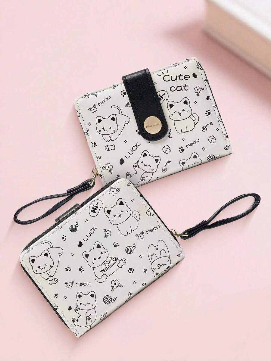 New Korean Style Folding Buckle Short Women's Wallet, Japanese Cute Cat Cartoon Integrated Card Holder, Student Bag, Zipper Coin Purse Wallet - màu đen - Xem 1