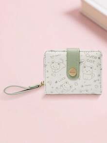 New Korean Style Folding Buckle Short Women's Wallet, Japanese Cute Cat Cartoon Integrated Card Holder, Student Bag, Zipper Coin Purse Wallet - 抹茶綠 - 查看 2
