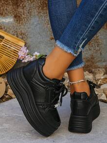 Women's Outdoor Lace-Up Platform Sneakers, Solid Color Casual Wedge Thick Sole Comfortable Athletic Shoes, Fashion Versatile Elevator Shoes