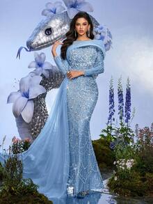 Elisanya 派对礼服香槟色亮片串珠长袖修身礼服适合晚宴、宴会、鸡尾酒会（大量装饰） - 淺藍色 - 查看 5