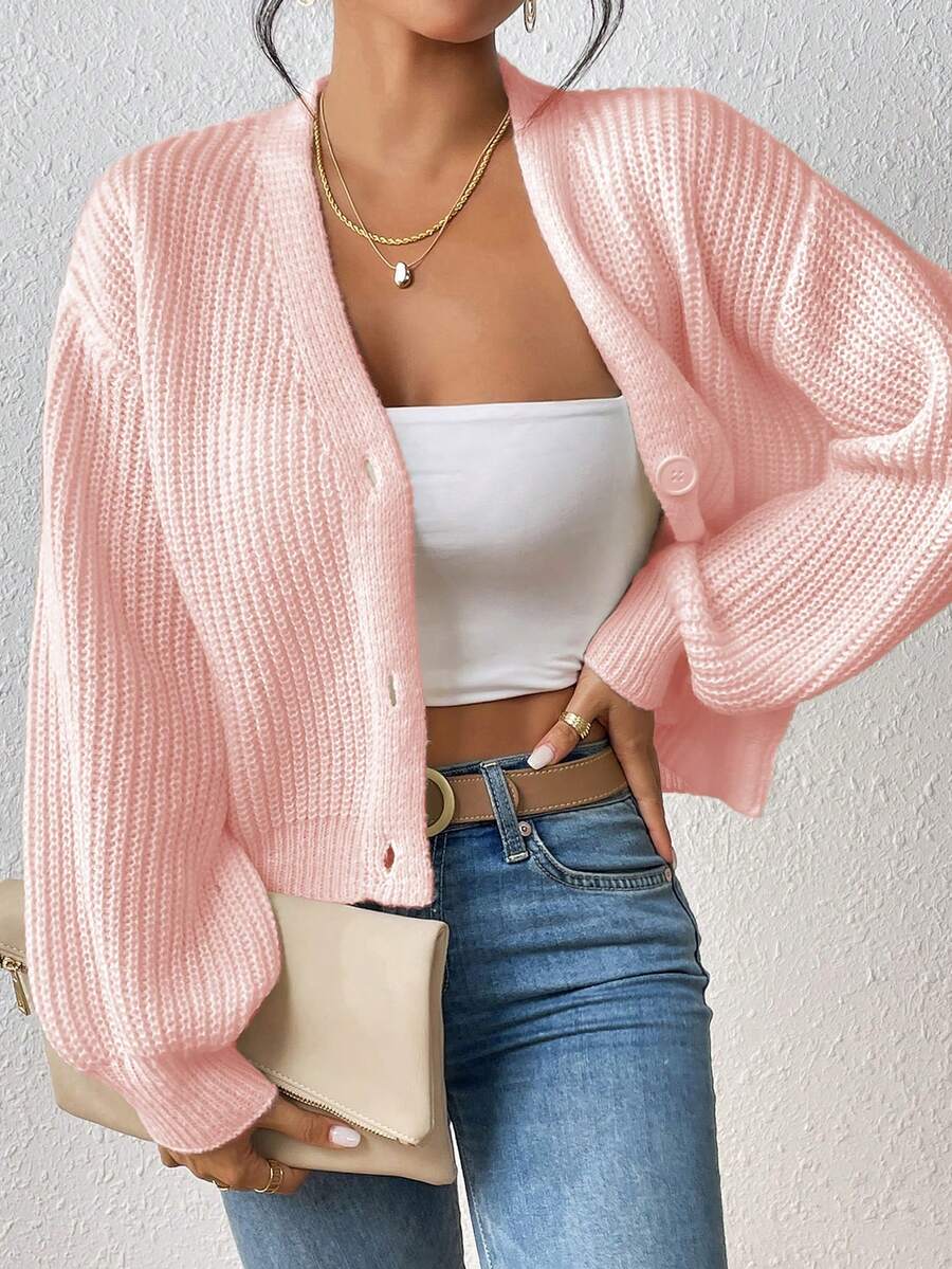 New Fashion Solid Color V-Neck Button Knit Cardigan For Women - Baby Pink - View 1