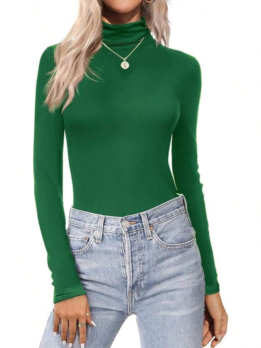 Women's Turtleneck Long Sleeve Thermal Underwear Tops Basic Fall Fashion Lightweight Top FERX - Màu xanh lá cây đậm - Xem 1