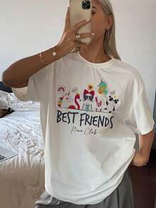 Camiseta gráfica de moda para mujer, de mezcla de algodón suave y extragrande, con un estampado único de conejito. Top informal de manga corta, ideal para el día a día y con un toque informal y cómodo, ideal para estilo urbano y para combinar con otras prendas. ¡Una prenda imprescindible en tu armario!Tamaño extra grande - Blanco - Ver 1