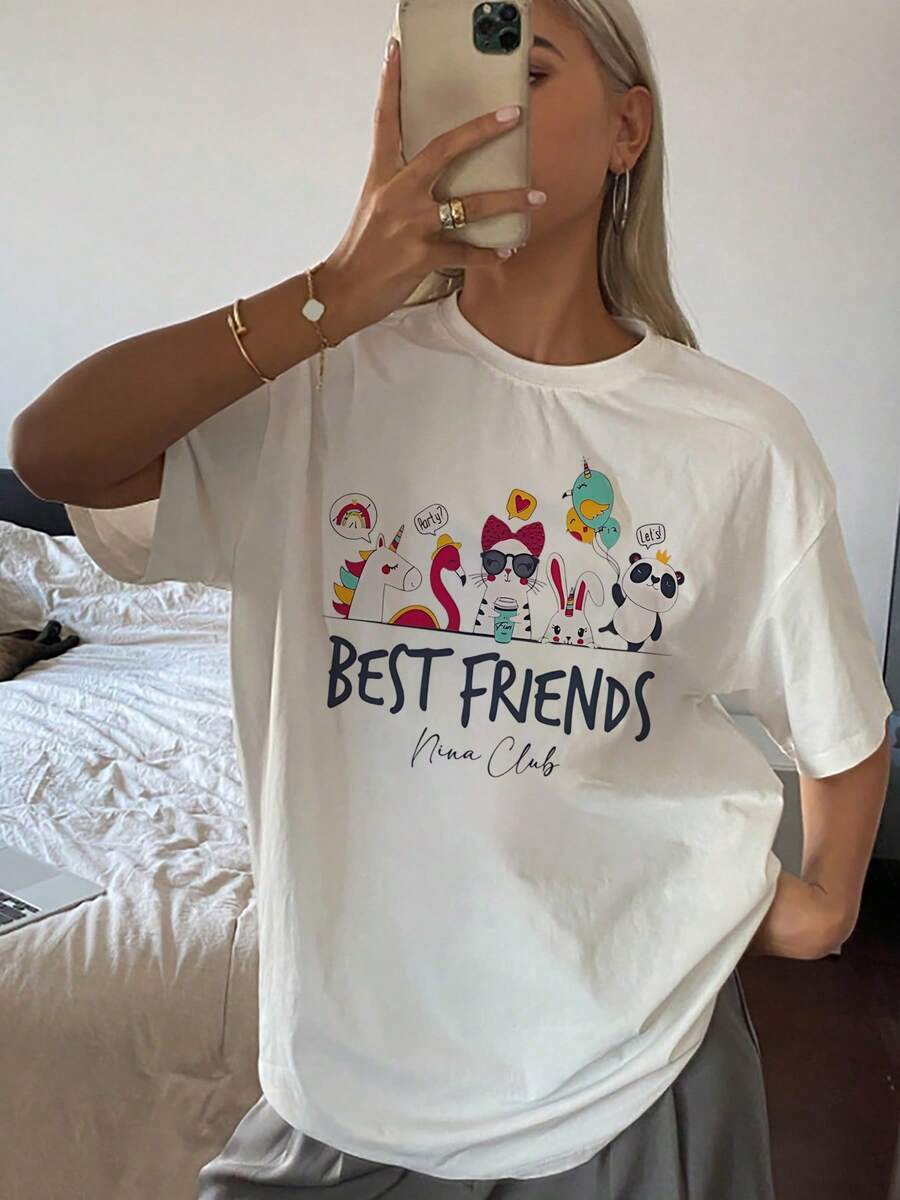 Camiseta gráfica de moda para mujer, de mezcla de algodón suave y extragrande, con un estampado único de conejito. Top informal de manga corta, ideal para el día a día y con un toque informal y cómodo, ideal para estilo urbano y para combinar con otras prendas. ¡Una prenda imprescindible en tu armario!Tamaño extra grande - Blanco - Ver 1