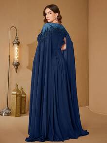 Đầm dạ hội thanh lịch dáng ôm bằng chiffon, cổ đứng, tay áo choàng, đính sequin của SUPGIR dành cho nữ cỡ lớn. - Màu xanh hải quân - Xem 3