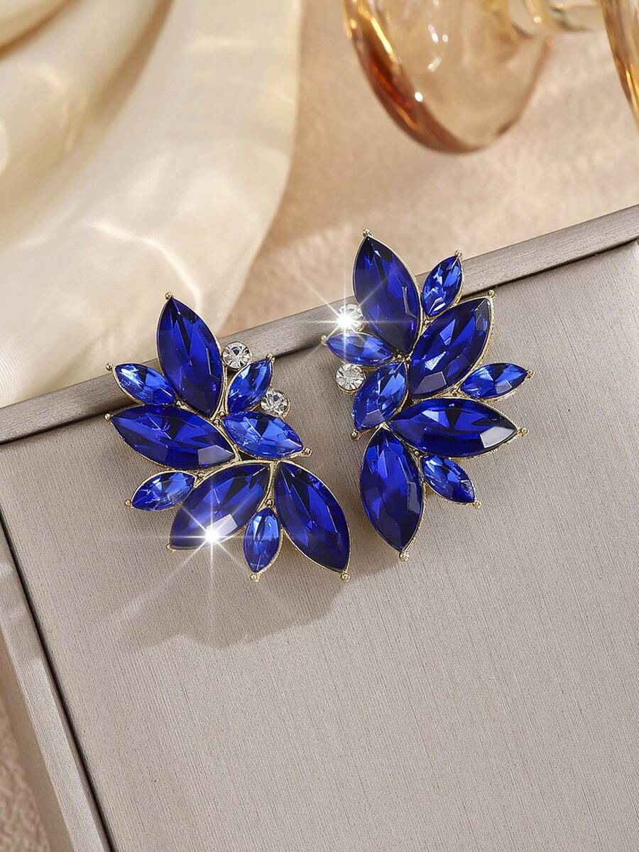 1 Pair Bohemian Alloy Rhinestone Inlaid Glass Luxury High-End Exaggerated Earrings, Fashionable Versatile Elegant Lady Elegant - Royal Blue - View 1