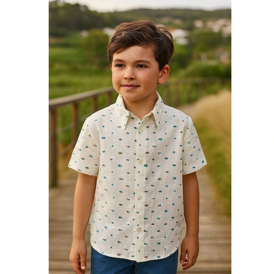 Children's Short Sleeve Printed Dress Shirt - REF 1362 - 米色 - 查看 1