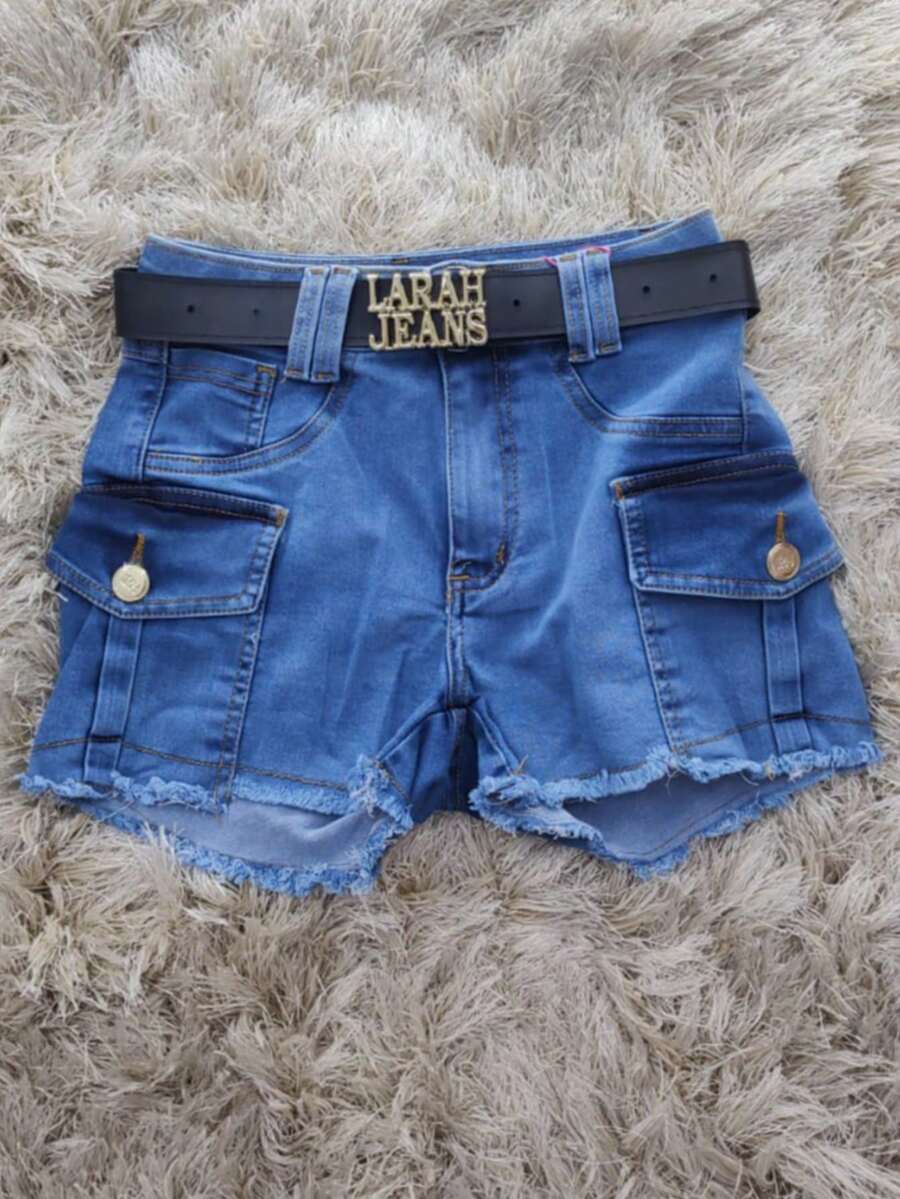 Women's High Waisted Frayed Blue Cargo Jean Shorts With Pockets - Medium Wash - View 1