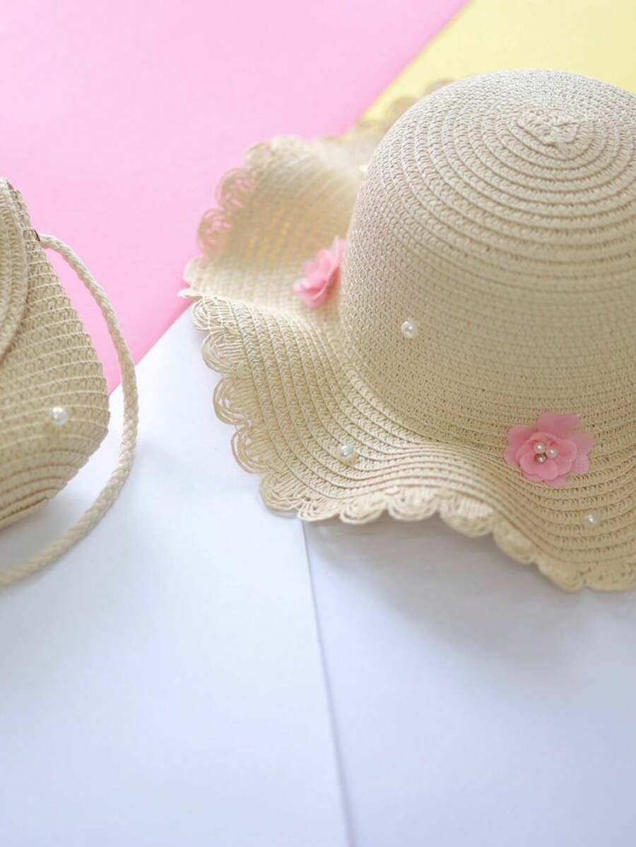 Kit Praia infantil Bolsa e chapéu menina  /Bolsa infantil moderna verão //proteção solar em palha chapéu de praia kit verão - Kit 2 flor rosa - Visão 1
