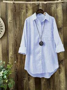 大码女式格子印花休闲长袖衬衫 春季 - 淺藍色 - 查看 3