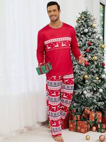 1 Set Men's Christmas Print Loungewear Set, Long Sleeve Top And Long Pants, Fall & Winter Clothes - Multicolor - View 1
