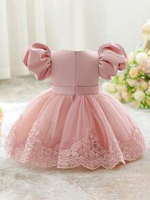 0-2岁女婴蕾丝泡泡袖迷你连衣裙，白色洗礼服，适合派对穿着 - 粉色 - 查看 4