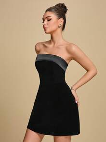 女士新款优雅浪漫无肩带黑色丝绒迷你连衣裙，适合婚礼季和派对；女士高腰A字连衣裙，适合与朋友享用早午餐、约会、情人节、生日等场合。 - 黑色 - 查看 4