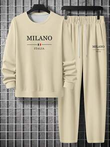 2 件男士休闲百搭圆领运动衫和裤子套装，秋季服装 - 彩色 - 查看 2