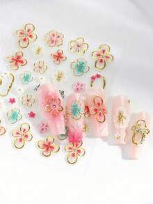 2pcs Floral 5D Nail Stickers With Gold Trim, Hawaiian Flower & Hibiscus Petal Embossed Pattern, Cute Y2K Nail Art Decor, Self-Adhesive DIY Nail Stickers, Nail Art Supplies