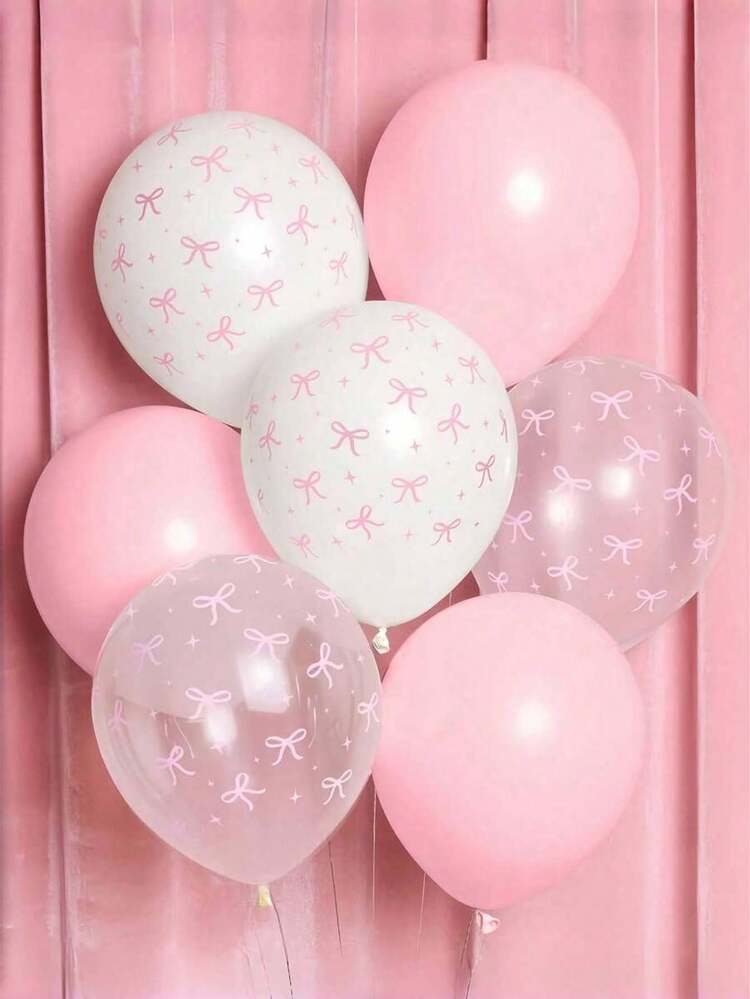 Conjunto de 60 balões de látex com laço rosa, balões de 12 polegadas com estampa de laço branco transparente rosa , decorações de festa de aniversário com tema de borboleta, adequados para aniversários femininos, despedidas de solteira, chá de panela, casamentos, aniversários e decorações de Natal - Rosa - Ver 2