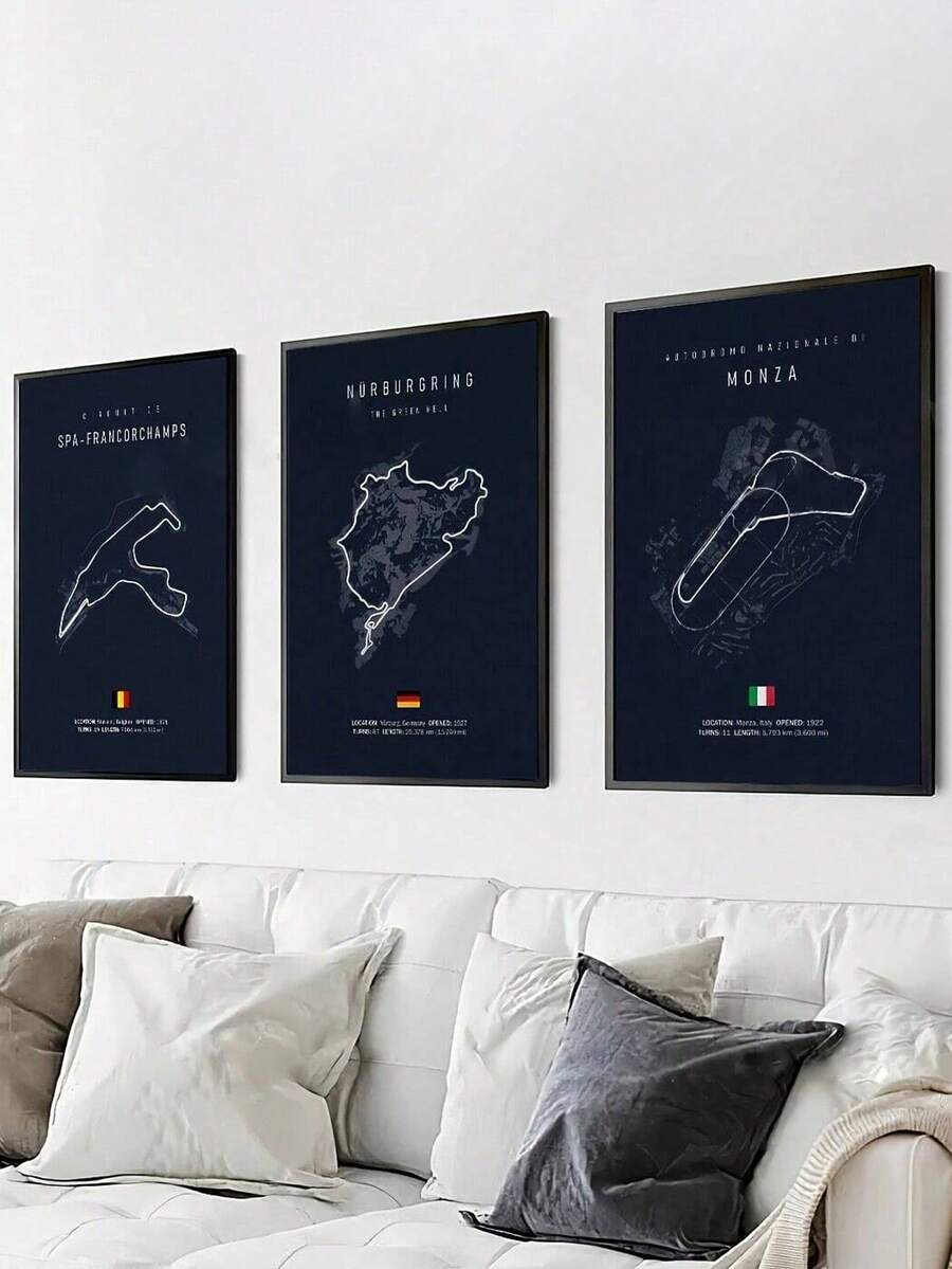 3 Piezas Conjunto de Arte en Lienzo de Pista de Carreras Moderna - Enmarcado, Diseño Minimalista en Negro y Blanco con Pistas de F1 y Proverbios Italianos, Perfecto para Decoración de Dormitorio, Sala de Estar, Oficina en Casa, Cafetería, Decoración de Pared de Bar, Decoración de Automóviles, Arte de Pared Enmarcado